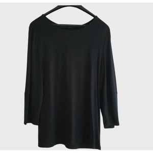 Ann Taylor Jersey Black Top Large 3/4 Puff Sleeves Round Neck Tunic Womens